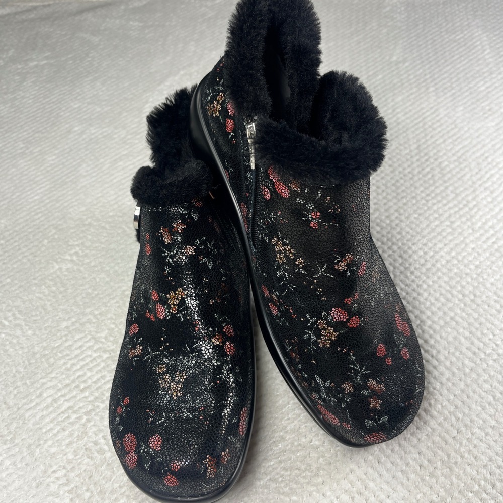 Alegria by PG Lite Floral Faux Fur Trim Leather Upper Ankle Boots